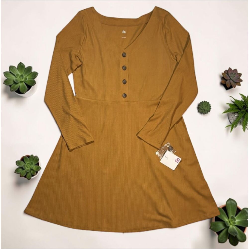 SO Ribbed Henley Button Front Long Sleeve Fit & Flare Dress XL